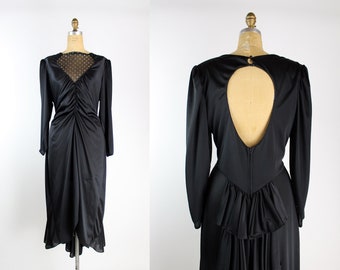 80s Draped Evening Dress / Art Deco Dress / Open back Dress / Black Goddess Dress /Tulip Hem/ Size M/L/XL