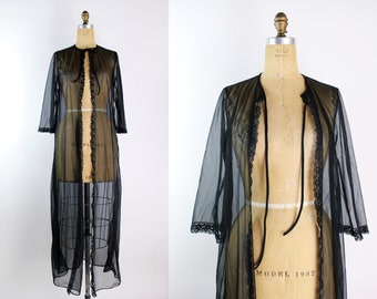 70s Black Sheer Nightgown Robe / Vintage Black robe / Wedding Slip/ Lace lingerie/ Size S/M