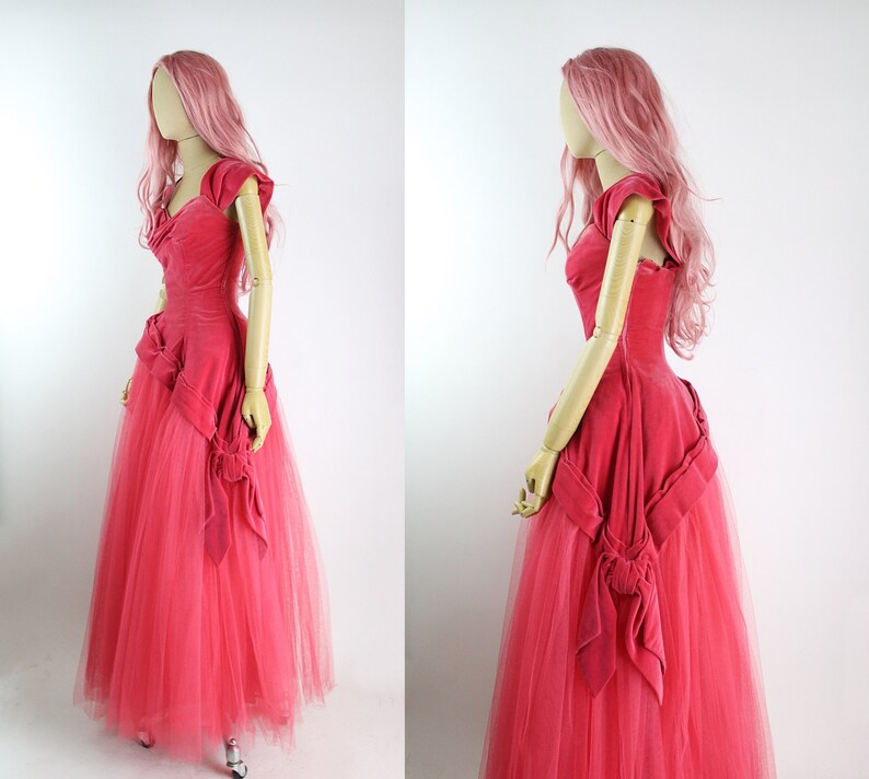 50s Red/Pink Cupcake Gown / Velvet Prom Dress / 50s Party Dress / Vintage Evening Gown /Size xxs.xs / FREE US SHIPPING image 2