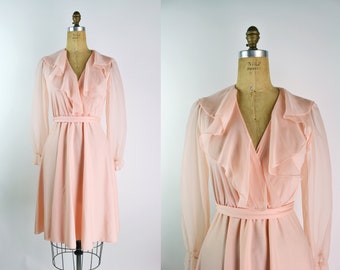 70s Soft Pink Dress / Cocktail Dress / Sheer Sleeves Dress / Peach Dress / Size S/M