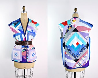 70s Handmade Patchwork Oversized Vest / Quilted Vest / Size M/L