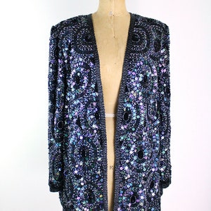 80s Sequined Black jacket / 80s Geometric Beaded Jacket / Party Jacket / Cardigan/ Size M/L image 2