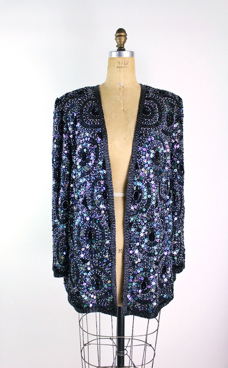 80s Sequined Black jacket / 80s Geometric Beaded Jacket / Party Jacket / Cardigan/ Size M/L image 2