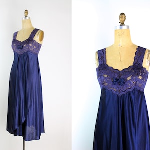 80s Purple Silky Slip Dress / Lace Slip Dress / Vintage Lingerie / Wedding Nightgowns / Midi Slip Dress / Size S/M