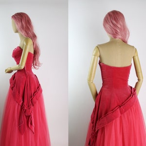 50s Red/Pink Cupcake Gown / Velvet Prom Dress / 50s Party Dress / Vintage Evening Gown /Size xxs.xs / FREE US SHIPPING image 5