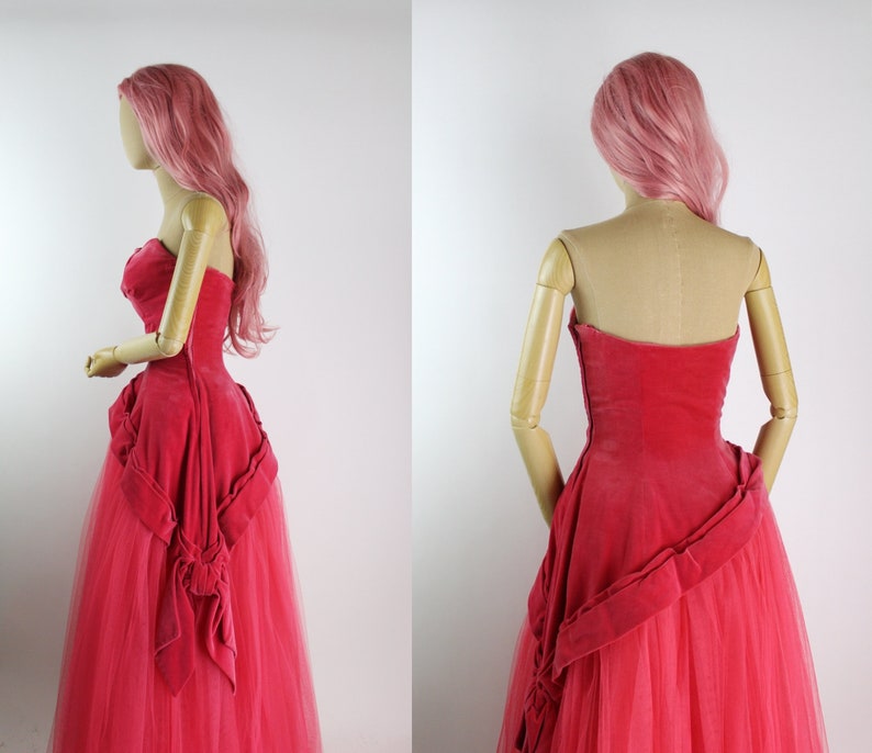 50s Red/Pink Cupcake Gown / Velvet Prom Dress / 50s Party Dress / Vintage Evening Gown /Size xxs.xs / FREE US SHIPPING image 5