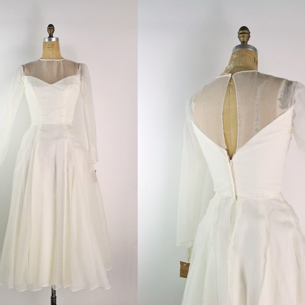 80er Brautkleid / 90er Vintage Hochzeitskleid / 1980er Jahre / Brautkleid mit vollem Rock/ Langarm-Hochzeitskleid/ Größe XS/S