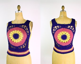 70s Boho Crochet vest / Granny Square Vest / Sweater Vest/ size S/M