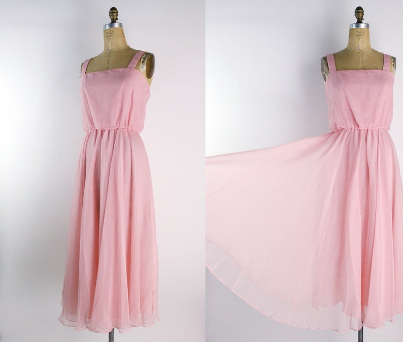 70s Pink Flowy Dress / Pink Midi Dress / Pink Party Maxi Dress / Pink Rose Dress / Pink Wedding Dress / Vintage Cocktail Dress Size M/L image 1