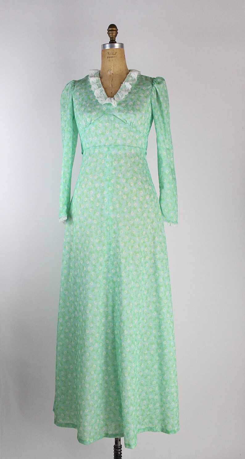 70s Green Floral Maxi Dres / Prairie Dress / Boho / 1970s / Size S/M image 6