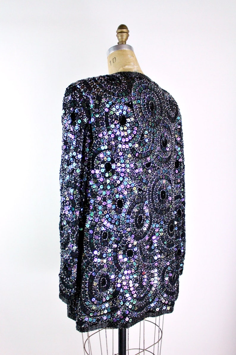 80s Sequined Black jacket / 80s Geometric Beaded Jacket / Party Jacket / Cardigan/ Size M/L image 3