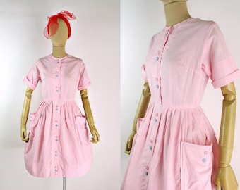 50s Plaid Pink Barbie Summer Dress / MCM / Vintage day dress / 1950 Pink Plaid Dress / Vintage Pocket Dress / Size XXS XS