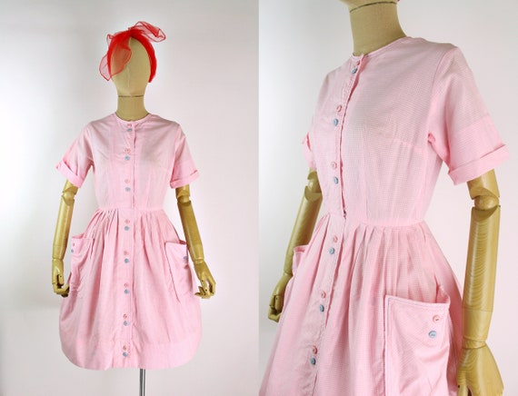 50s Plaid Pink Barbie Summer Dress / MCM / Vintag… - image 1