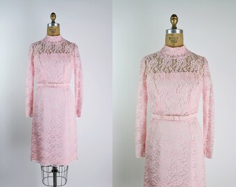50s Pink Lace Dress / Cocktail Dress / 1950s / Vintage Dress / size XS/S