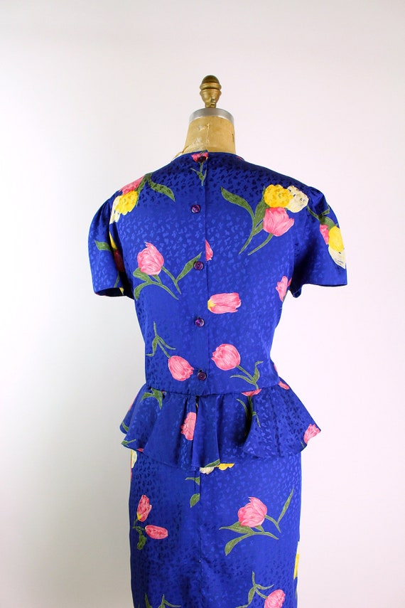 80s Tulips Blue Peplum Dress/ 1980s Dress / Color… - image 4