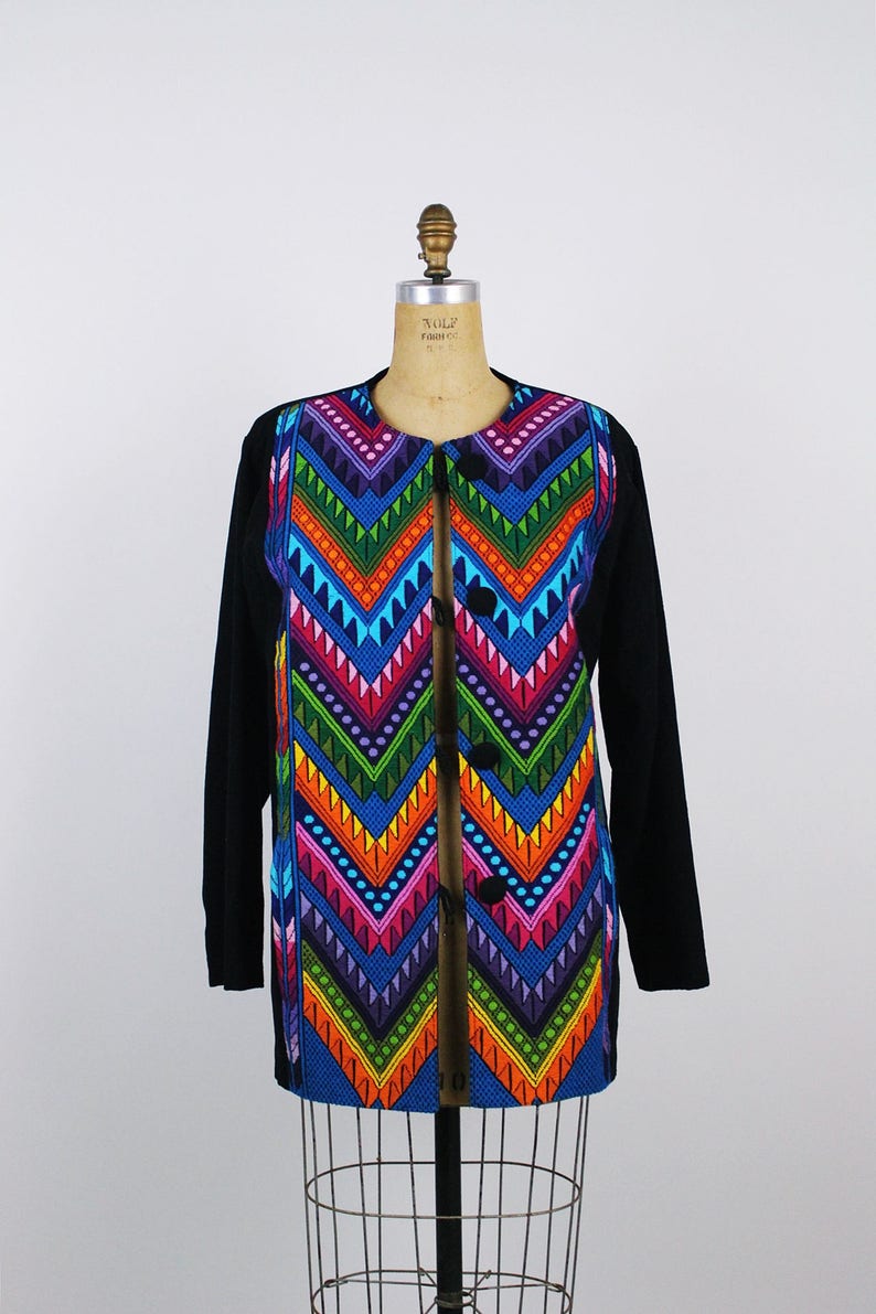 Vintage Guatemalan Jacket / Oversized Coat / Rainbow / Embroidered Jacket / Bohemian / Chevron Coat/ Ethnic Jacket / Size L image 2