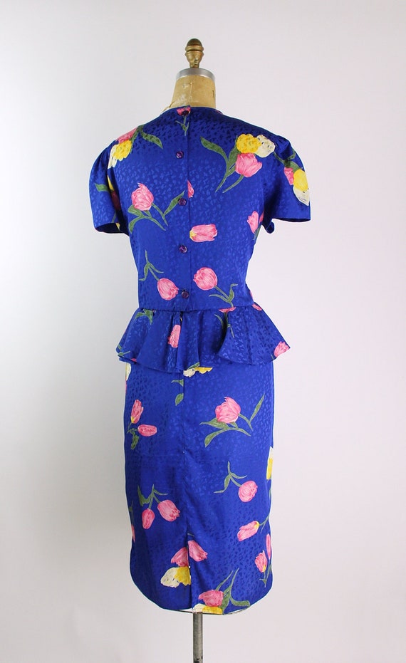 80s Tulips Blue Peplum Dress/ 1980s Dress / Color… - image 5