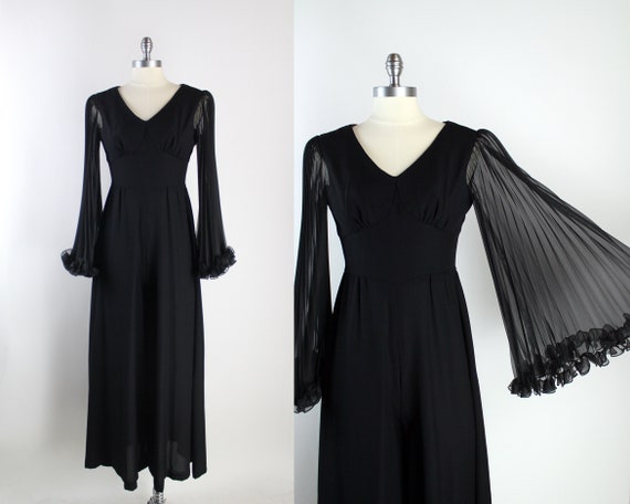60s Mod Black Palazzo Jumpsuit / Bell Sleeves Jump