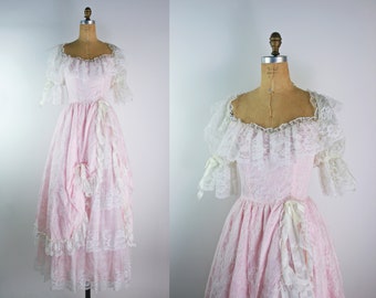 70s Zum Zum Pink Lace Off Shoulder Dress / Pink Wedding Dress / Victorian Style Prom Dress/ Antebellum Wedding Gown / Prairie Wedding Dress