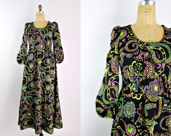 60s Colorful Maxi Dress / Mod Dress / 60s Dress / Puffy Sleeves/ Psychedelic Dress / Neon Print / Size S/M