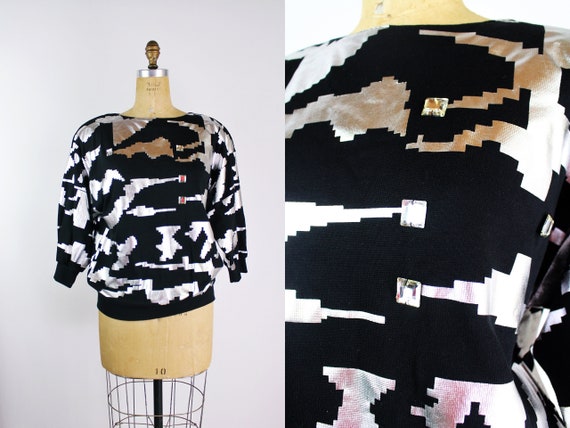 80s Silver and Black Pullover/ Sweatshirt / Embel… - image 1
