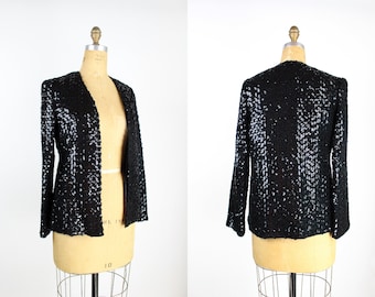80s Black Beaded Jacket / Sequin Jacket / Black Party Blazer / Size S/M
