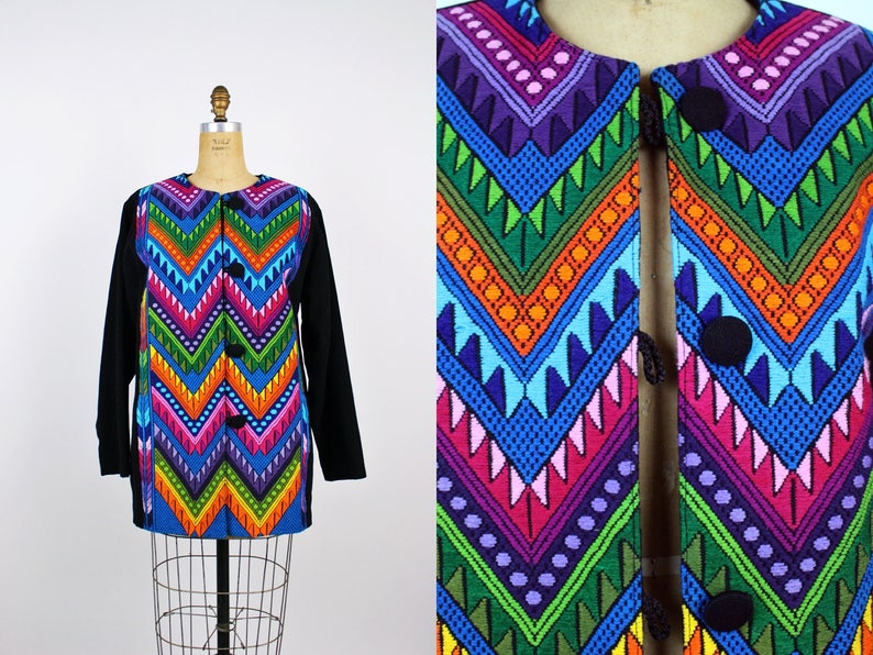 Vintage Guatemalan Jacket / Oversized Coat / Rainbow / Embroidered Jacket / Bohemian / Chevron Coat/ Ethnic Jacket / Size L image 1