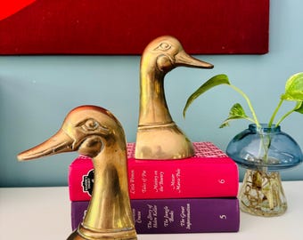 Vintage Mid Century Solid Brass Mallard Duck Head Bookends / Set of 2 / Vintage Book Holders