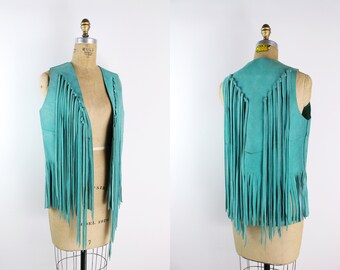 70s Turquoise Fringe Leather Vest / Boho / Bohemian Vest / Suede Fringe Vest / XS/S