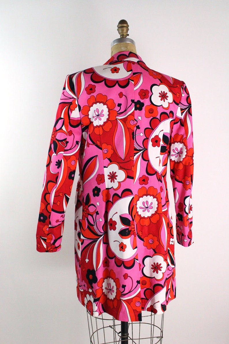 90s Pink and Red Flower Power Coat / 90s Cotton Jacket / Fuchsia Jacket /Size S/M image 2