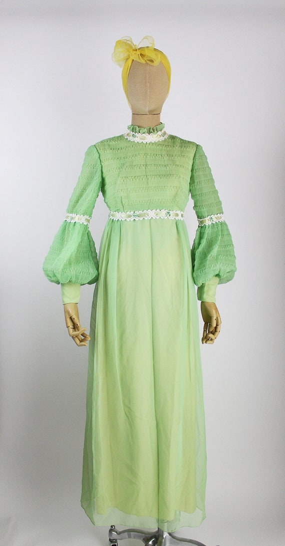 70s Green Balloon Sleeves Maxi Dress / Size XXS-XS - image 5