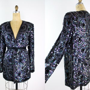 80s Sequined Black jacket / 80s Geometric Beaded Jacket / Party Jacket / Cardigan/ Size M/L image 1