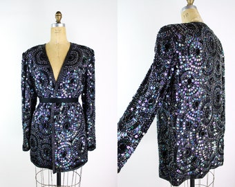 80s Sequined Black jacket / 80s Geometric Beaded Jacket / Party Jacket / Cardigan/ Size M/L