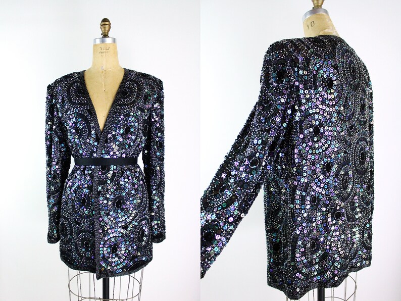 80s Sequined Black jacket / 80s Geometric Beaded Jacket / Party Jacket / Cardigan/ Size M/L image 1