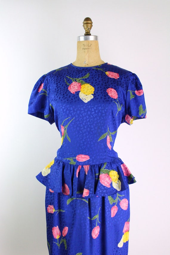 80s Tulips Blue Peplum Dress/ 1980s Dress / Color… - image 3