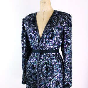 80s Sequined Black jacket / 80s Geometric Beaded Jacket / Party Jacket / Cardigan/ Size M/L image 4