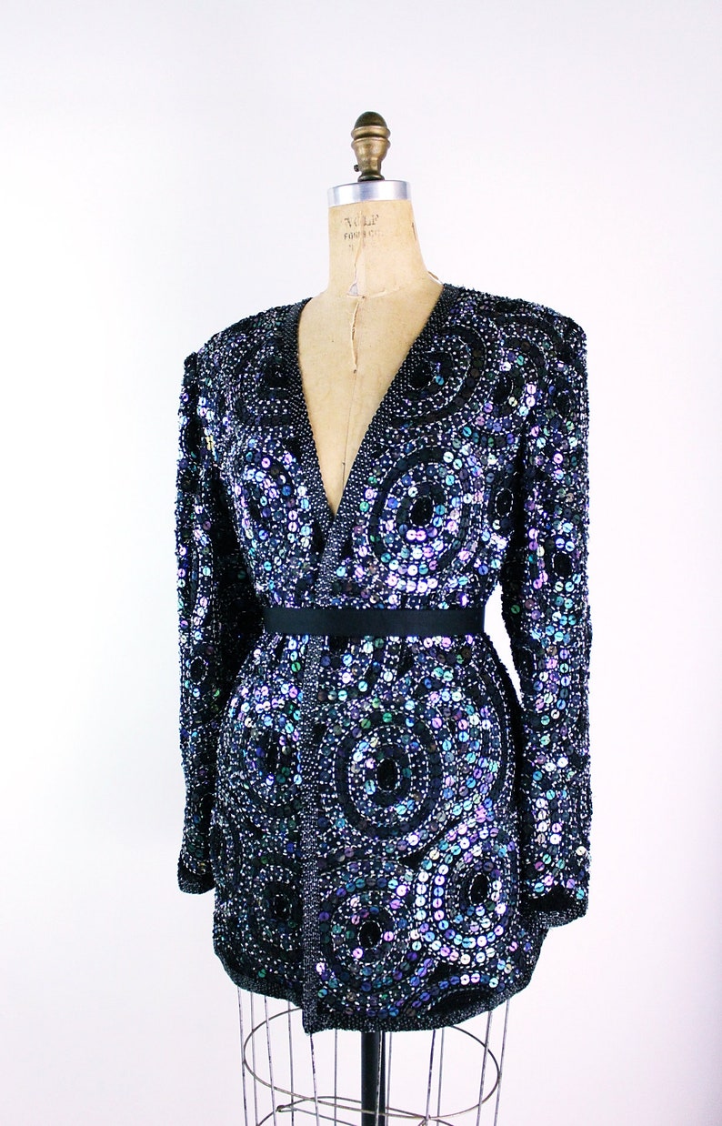 80s Sequined Black jacket / 80s Geometric Beaded Jacket / Party Jacket / Cardigan/ Size M/L image 4