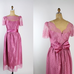 70s Pink Lace Cocktail Dress / Pink Satin / Wedding Guest / Bridemaids / 1970s Dress / Party Dress / Prom/ Size S/M image 1