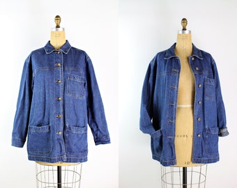 90s Dark Blue Cotton Chore Coat / 90s Cabincreek Jean Jacket / Size M/L