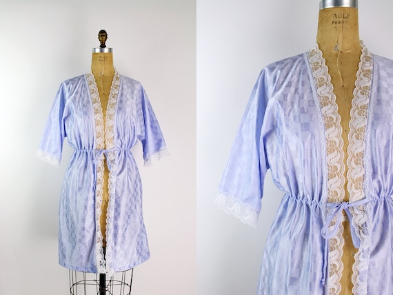 80s Nightgown checkered print Mini Robe/ Wedding … - image 1