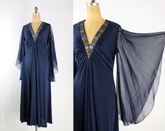 70s Navy Blue Angel Sleeves Maxi Dress / Size M/L / As Is