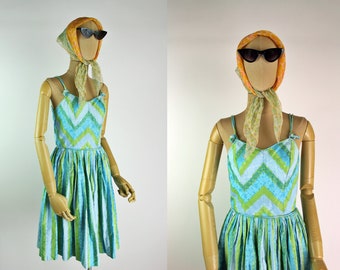 50er Jahre Sommerkleid / MCM / Vintage Tageskleid / Chevron Dress / Größe XXS XS