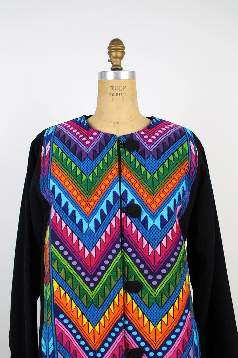 Vintage Guatemalan Jacket / Oversized Coat / Rainbow / Embroidered Jacket / Bohemian / Chevron Coat/ Ethnic Jacket / Size L image 7