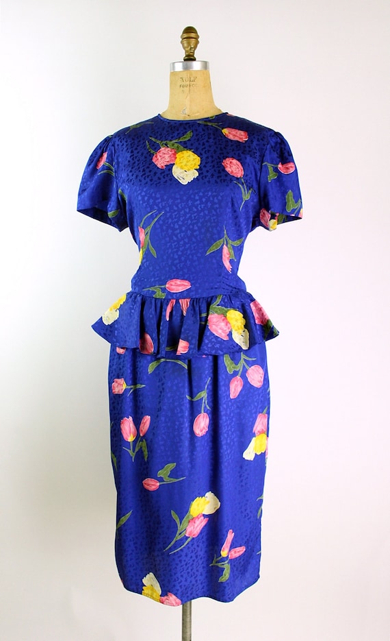 80s Tulips Blue Peplum Dress/ 1980s Dress / Color… - image 2