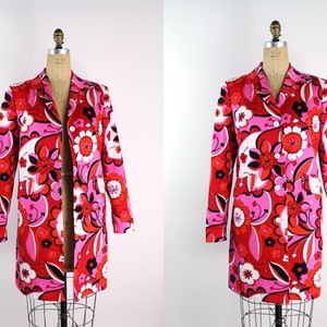 90s Pink and Red Flower Power Coat / 90s Cotton Jacket / Fuchsia Jacket /Size S/M image 1