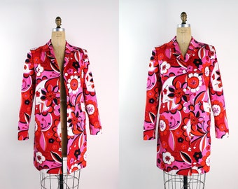 90s Pink and Red Flower Power Coat / 90s Cotton Jacket / Fuchsia Jacket /Size S/M