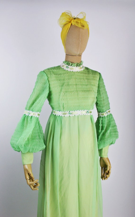 70s Green Balloon Sleeves Maxi Dress / Size XXS-XS - image 2