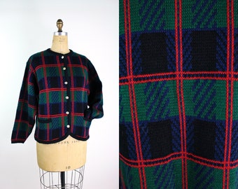 80s Plaid Tally Ho Cardigan / Holiday / Christmas Sweater / Tartan Sweater/ Acrylic