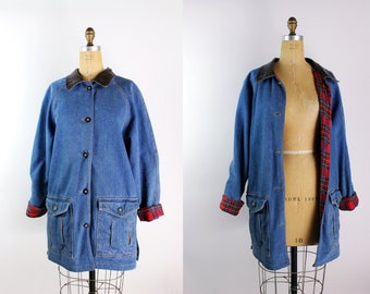 90s Gitano Blue Cotton Coat / 90s Tartan Jean Jacket / Unisex / Size M/L