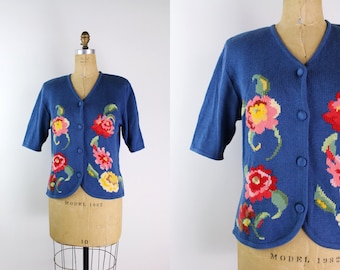 90s Susan Bristol Floral Cardigan / 90s Sweater / Flower Power Cardigan / Vintage Cotton Sweater/ Size S/M